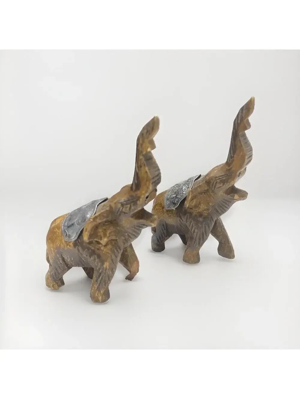 Wooden Elephants Hand Carved 2pc set Vintage *As is